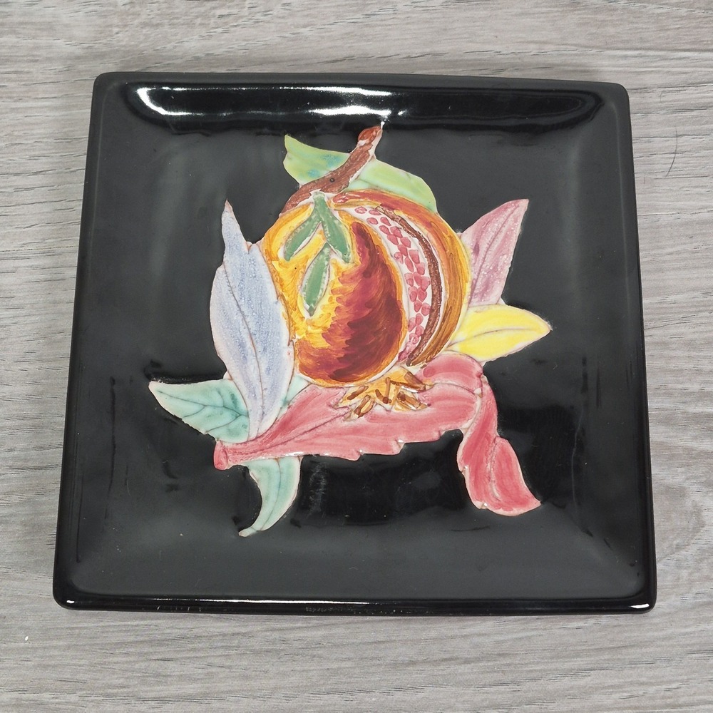 Black Glazed Square Ceramic Plate Wall Kitchen Decor Pomegranate Leaf Italy 399